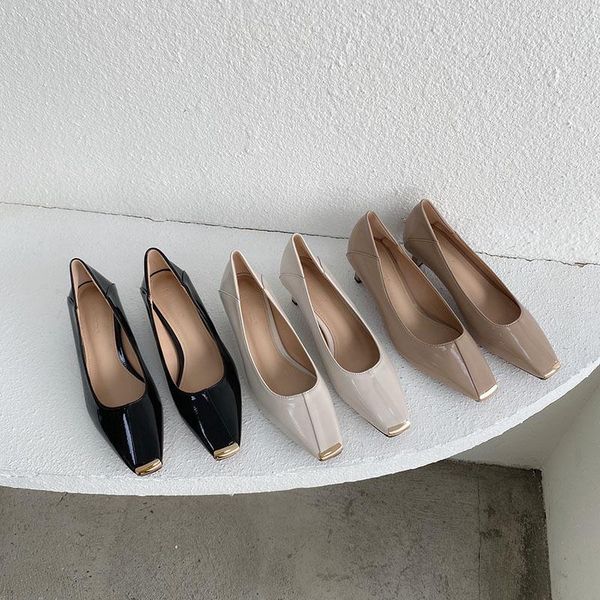

dress shoes metal square toe shallow ol pumps slip on brief lazy kitten heels work women solid femme fashion all match thin high, Black
