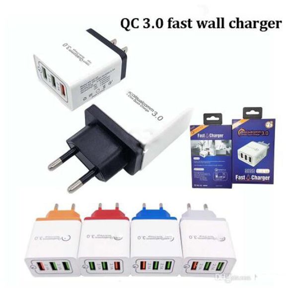 QC3.0 ABD AB Üç USB Portları Fiş Seyahat USB Şarj 30 W Hızlı Hızlı Şarj 12 V 9 V Güç Adaptörleri Xiaomi Huawei P30 S10 Not 9