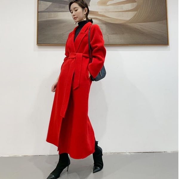 

women's wool & blends double-sided cashmere coat women 2021 solid color slim fit knee length fashion, Black