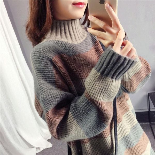 

women's sweaters knitted women turtleneck sweater pullovers spring autumn basic loose striped 2021 fashion korea clothing, White;black