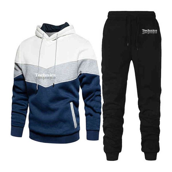 

technics 2021 men's dj 1200 turntable music new fashion print three-color stitching hooded pants sportswear casual cotton, Gray