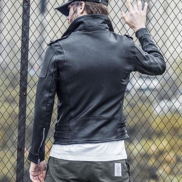 

men's leather & faux men luxury sheepskin real jacket motorcycle biker short coat belted slim fit windproof genuine 5xl, Black