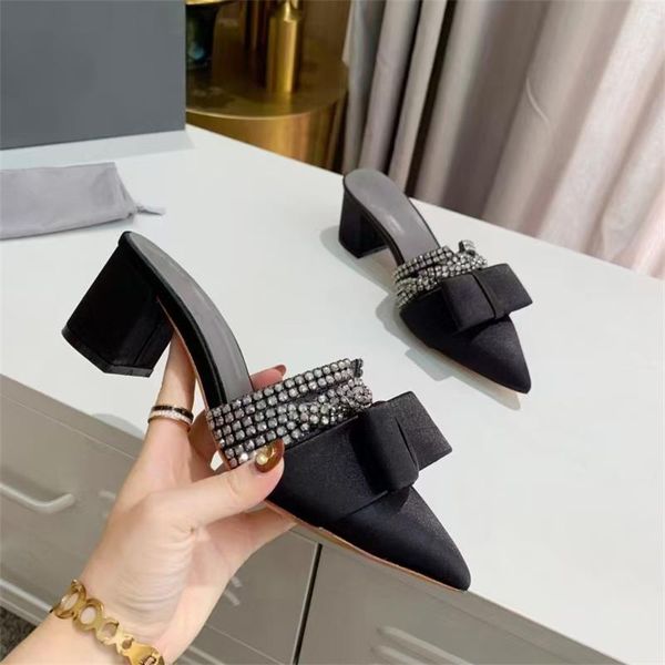 

summer women slippers outside high heels pointed toe silk rhinestone slides ladies shoes quality femmes chaussures, Black