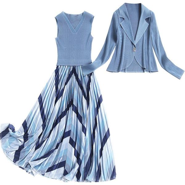 

spring summer casual patchwork sleeveless dress and knitted blazer two pieces set woman clothing women's piece pants, White