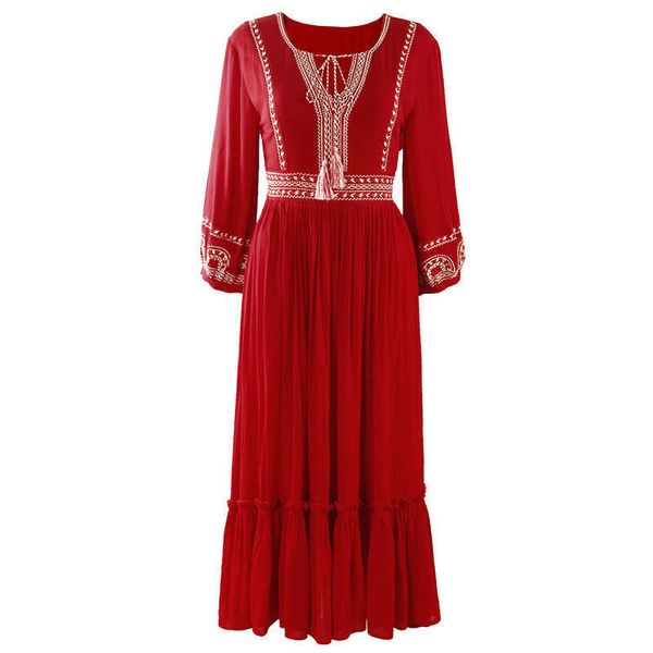 FORSE U Donna Rosso O-collo Fiocco Ricamo bohemien Manica lunga Impero Vacanza al mare Midi Abito Primavera Estate Indie Folk D2437 210529