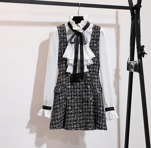 

s xxl autumn winter 2 womens dresses piece set fashion chiffon ruffles bow shirt double breasted plaid tweed, White
