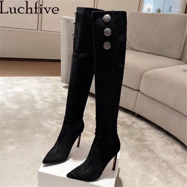 

boots quality suede thin high heel over the knee woman spring pointy toe button decorate runway t show party mujer1, Black