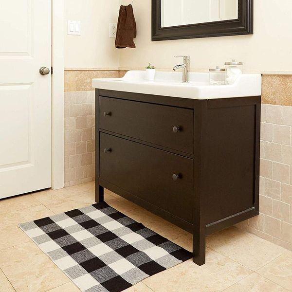 

carpets black white geometric plaid hand-woven cotton floor mat for bathroom nordic simple long kitchen rug bedroom bedside