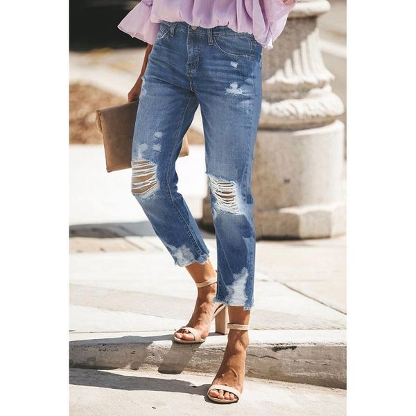

hole casual womens jeans denim fashion bleached skinny high waist pencil pants ripped trousers women's, Blue