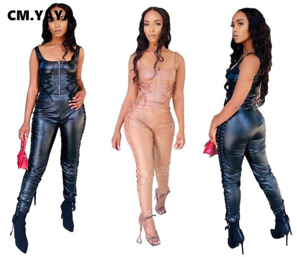 

streetwear faux leather lace up womens set zip crop pants matching set pu trasuit fitness two 2 piece set outfitby air, White