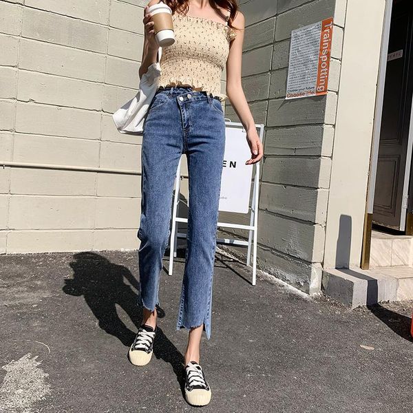 

women's jeans tongsihai korean version for women ladies high waist stretch denim pants girls students personality irregular streetwear, Blue
