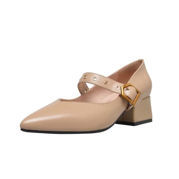

retro mary jane shoes white leather thick heel high pointed shallow mouth button single women's small 6cm dress, Black