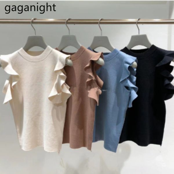 

gaganight japanese women ruffles knitted tshirt sleeveless hole office lady tees shirt outwear solid sweet tshirt slim 210519, White