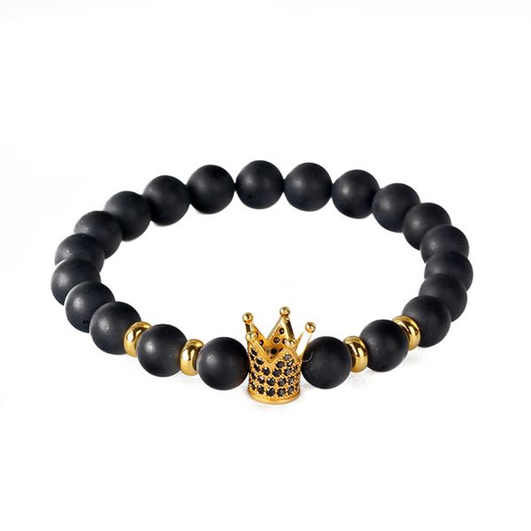 

black color men bracelets cz crown natural smooth onyx stone bead strand bracelet pulseras mujer for men friendship bracelet