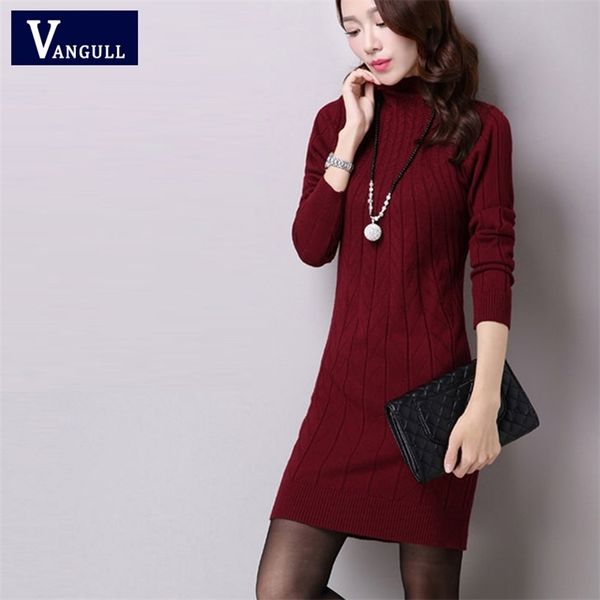 

vangull autumn winter solid cotton sweater dresses new women fashion turtleneck pullover female knitted dress vestidos, Black;gray