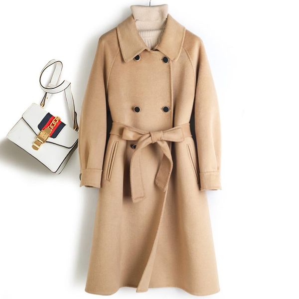 

women's wool & blends coat 90% 2021 korean adjustable waist double breasted pockets abrigos mujer elegante middle aged winter fashion, Black