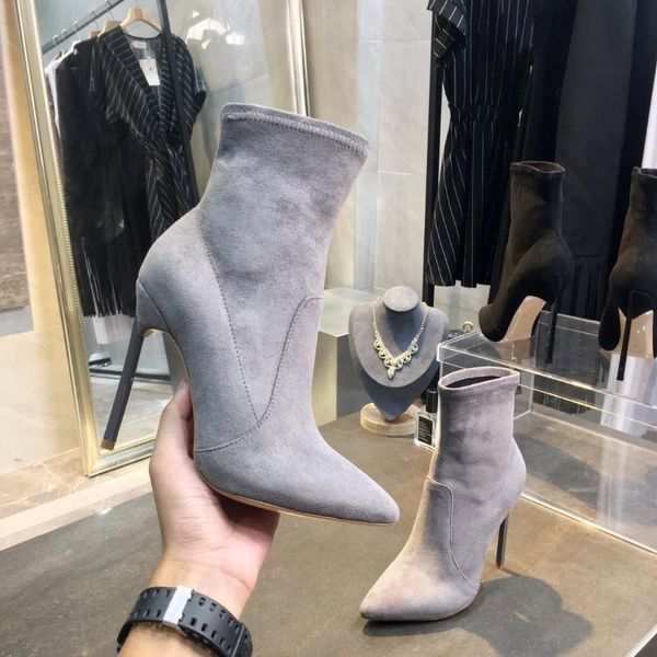 

boots autumn modern ankle super-high heels stretch fabric mirror genuine leather women's zapatillas mujer designer shoes, Black