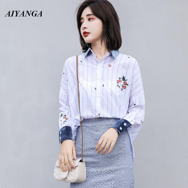 

women's blouses & shirts 2021 spring women embroidery female long sleeve stripe turn-down collar casual shirt loose blouse, White