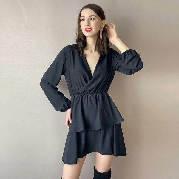 

casual dresses black v-neck mini dress lantern sleeve double layer a-line high waist women fashion party charming 2021 arriving, Black;gray