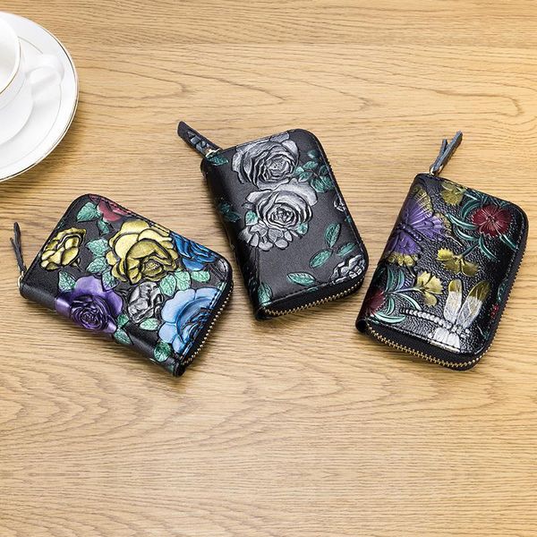 

card holders genuine leather women small wallets female & business holder ladies' coin purse 3d flower embossing mini wallet, Brown;gray