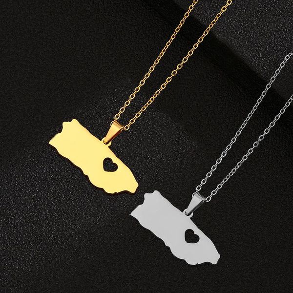

pendant necklaces european jewelry 316l stainless steel glossy heart-shaped hollow necklace gold puerto rico map women, Silver