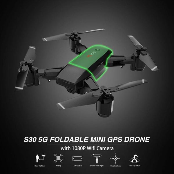 

drones s30 5g rc drone with 1080p camera foldable mini quadrocopter 4ch 6-axis wifi fpv built-in gps smart follow me