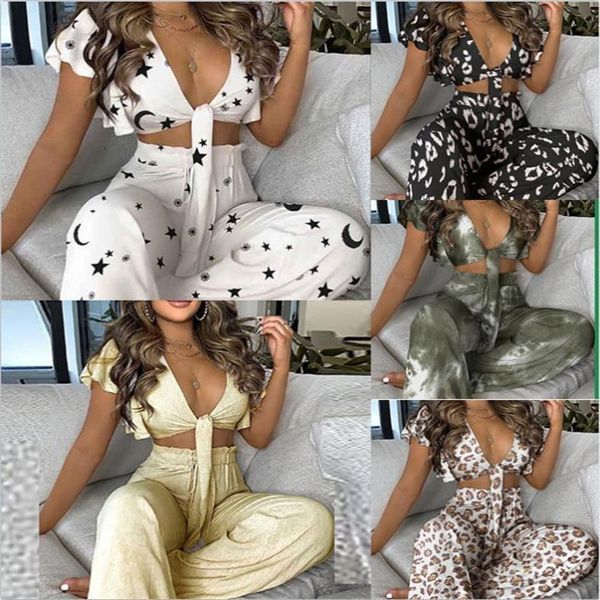 

summer ruffled lace womens pants up casual trousers two piece suit, White