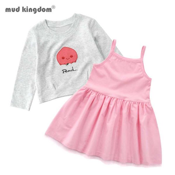 Mudkingdom meninas roupas primavera desenhos animados camisola de manga comprida e deslizamento Ruffled vestido sólido conjuntos para 210615