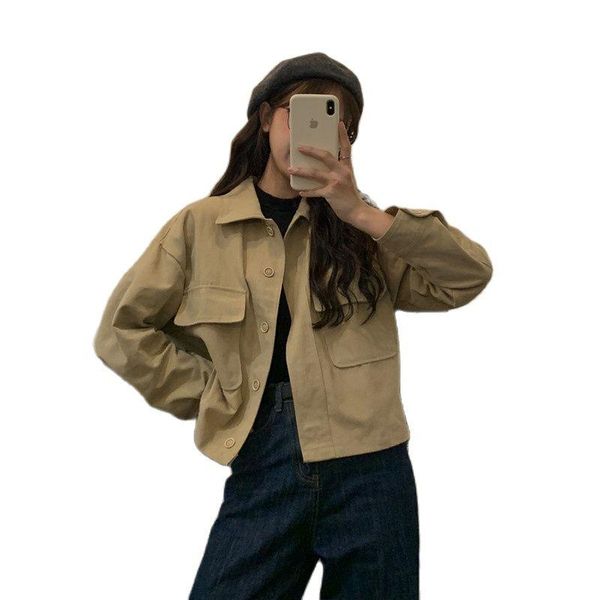 

women's trench coats jacket women spring and autumn 2021 short tooling small thin long-sleeved ins trendy fashion, Tan;black
