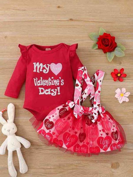 

baby heart & slogan graphic bodysuit & bow contrast mesh pinafore skirt she, Blue