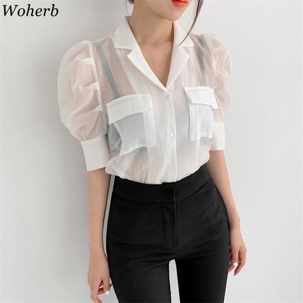 

women summer blouses korean chic double pocket blusas turn down collar see through shirts puff short sleeve ladies 210519, White