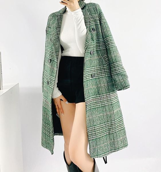 

women's wool & blends fall 2021 european and american green grid mid-length woolen coat lapel long-sleeved double-breasted design loose, Black