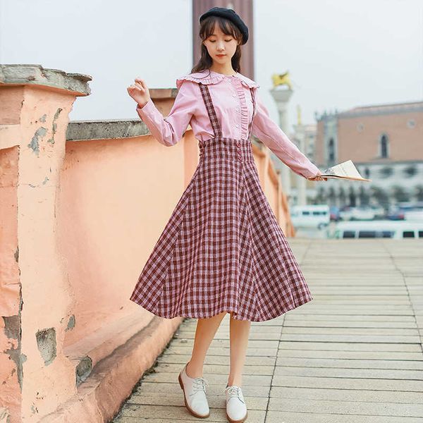 

skirts spring autumn women long midi suspender skirt preppy style cute high waist a-line plaid for teen girls jupe eqy5, Black