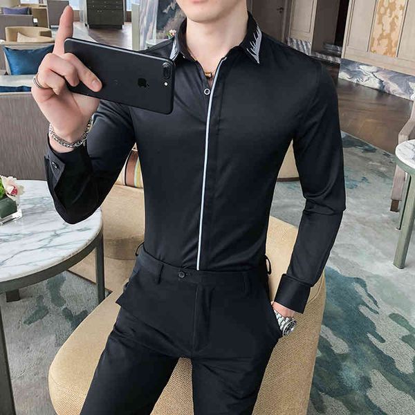 

t shirts embroidered collar simple sleeve long casual men's fashion formal business wear office blouse thin fit homme 7aot, White;black