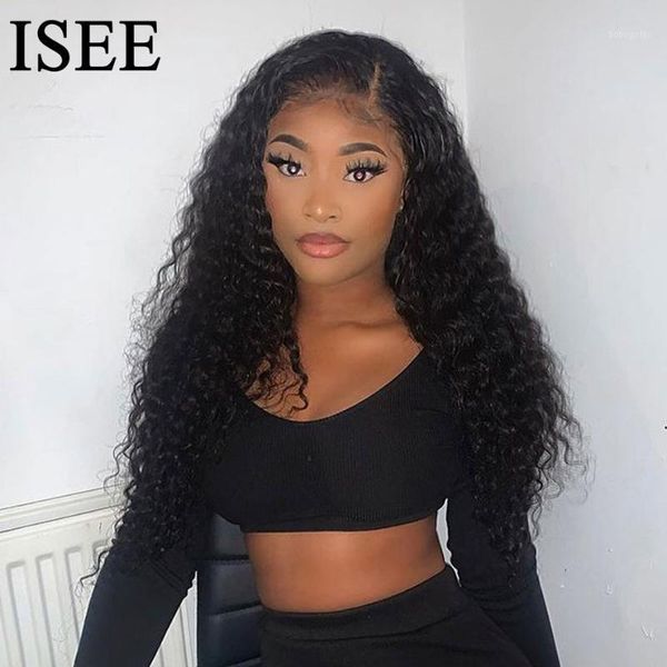 

mongolian deep wave wigs 5x5 lace closure wig for women 180% human hair isee hair1, Black;brown
