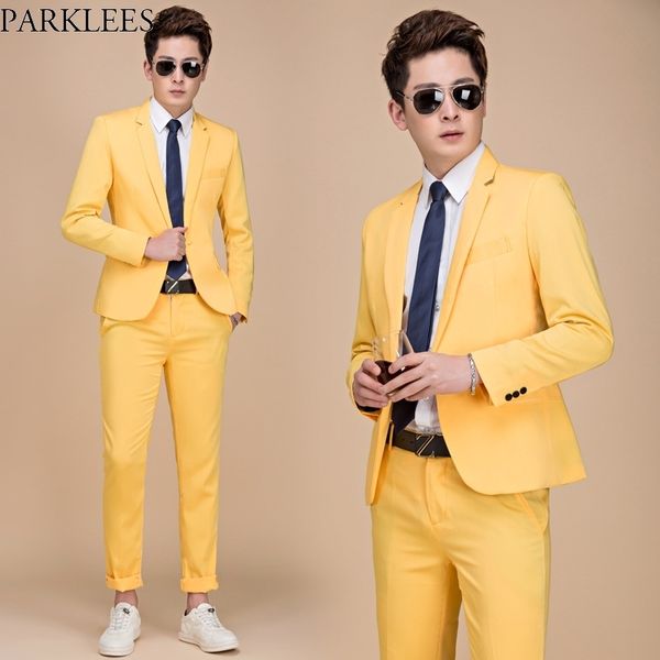 

mens party vacation colorful suits with pants brand slim fit one button 2 pieces suit (jackets+pants) men terno yellow 210522, White;black