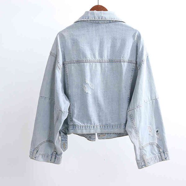 

women's t-shirt blue light denim women's jacket short suit diamond torn jeans lady spring autumn loose coat 8gt1, White