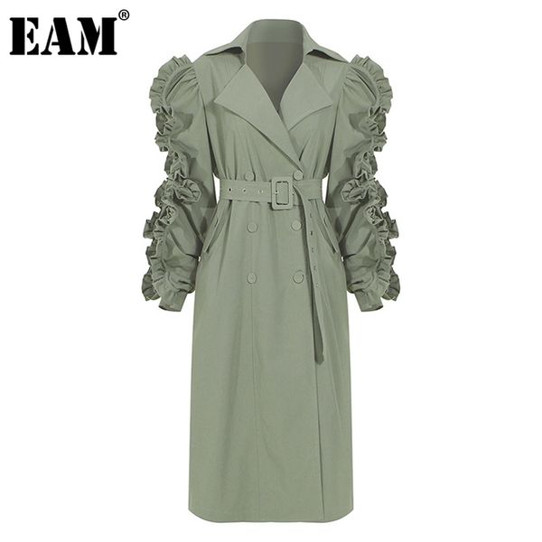 

[eam] women green ruffles stitch long trench lapel sleeve loose fit windbreaker fashion spring autumn 1dc061 210914, Tan;black