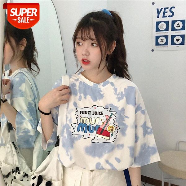 

japanese tie-dye short-sleeved t-shirt female loose korean style trendy harajuku student chic hong kong-style half-sleeved #ak9w, White