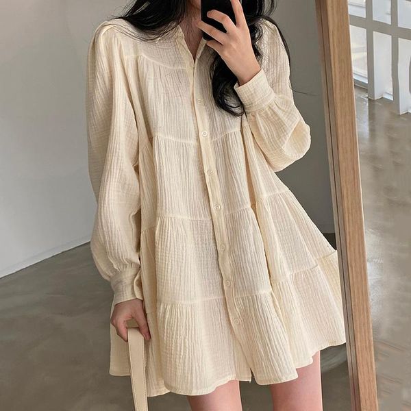 

casual dresses simple loose long sleeve turn down collar dress women korean chic elegant vestidos mujer spring summer 2021 robe femme, Black;gray