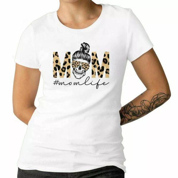 

Mom Life Cool T-shirt Mom Skull Leopard Messy Bun Nice Gift T-shirt 100% Cotton, White;black