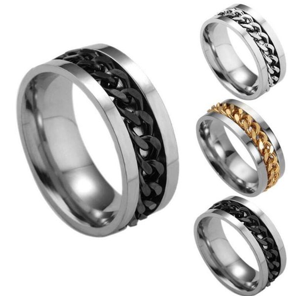 

wedding rings spinner black chain ring for men punk titanium steel metal finger jewelry, Slivery;golden