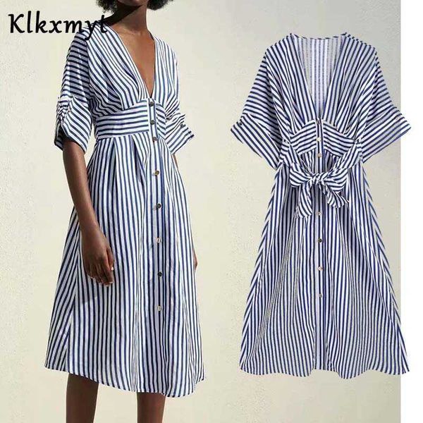 

klkxmyt za dress women with belt summer midi es woman fashion stripe elegant button-up female party vestido 210527, Black;gray