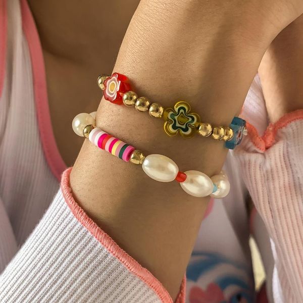 

charm bracelets bohemian ethnic hamdmade multicolor bracelet sets for women fashion letters love pearl beads couples boho jewelry, Golden;silver
