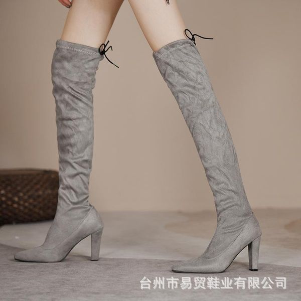 

boots oversized suede for women 2021 pointy back lace-up high heel stretch knees, Black
