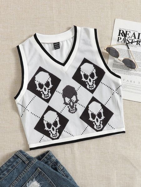 

argyle & skull pattern striped trim tank z8ki#, White