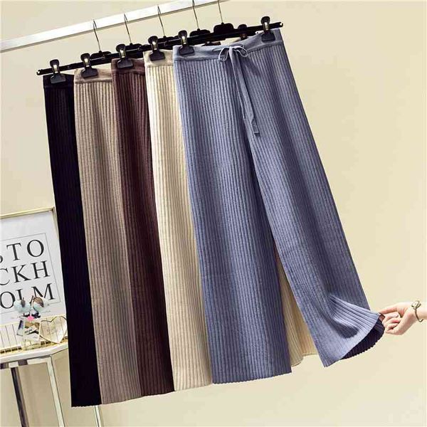 

women knitted straight pants spring autumn korean high waist wide trousers ladies loose casual chic 210602, Black;white