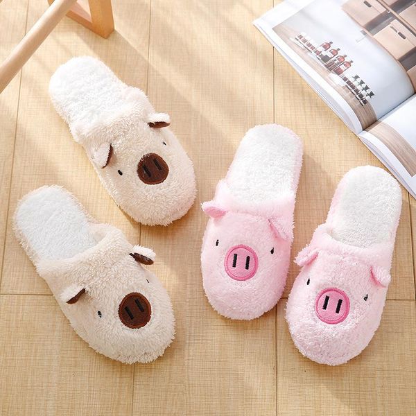 

home soft slippers pig slides cartoon women's with fur warm autumn winter footwear indoor, Black