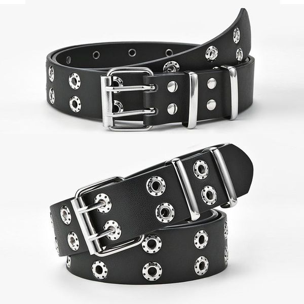 

designer harajuku double-row eyelet buckle metal pin belt ladies fashion punk decoration waist strap belts for women jeans, Black;brown