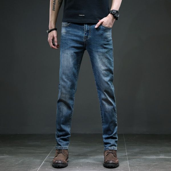 

men's jeans spring summer 2021 trend light business casual loose stretch straight pants, Blue
